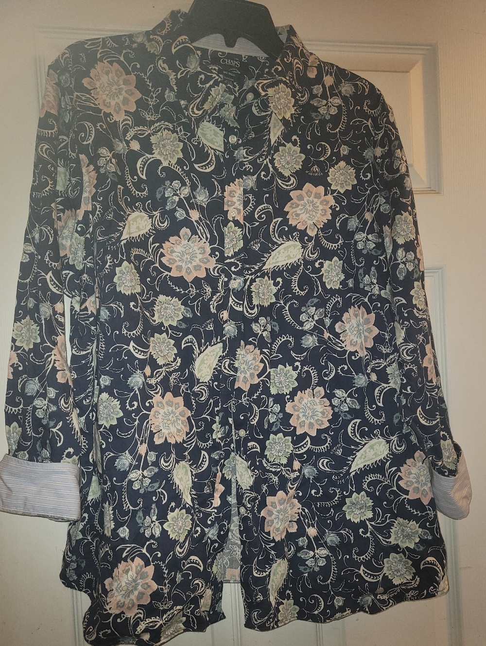 Chaps Navy Floral Button-down with Pink & Green Blooms